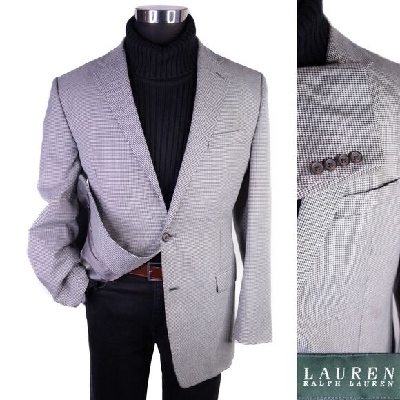 Ralph Lauren Tweed Blazer 44R 2 Button Beige Houndstooth Sport Coat Suit Jacket - Picture 1 of 16